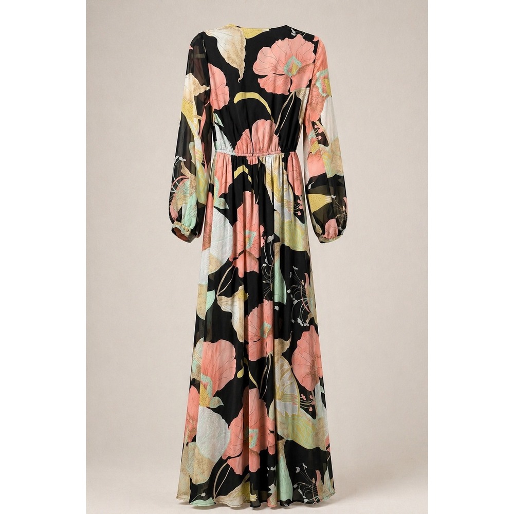 Lulus XS Black Floral Wrap Maxi Dress Boho Wedding Guest Slit - Picture 8 of 9
